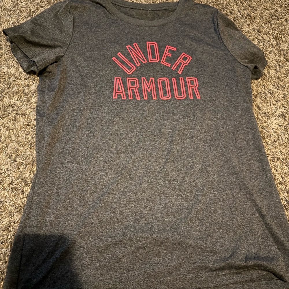 Under Armour Charcoal Tee with pink Lettering